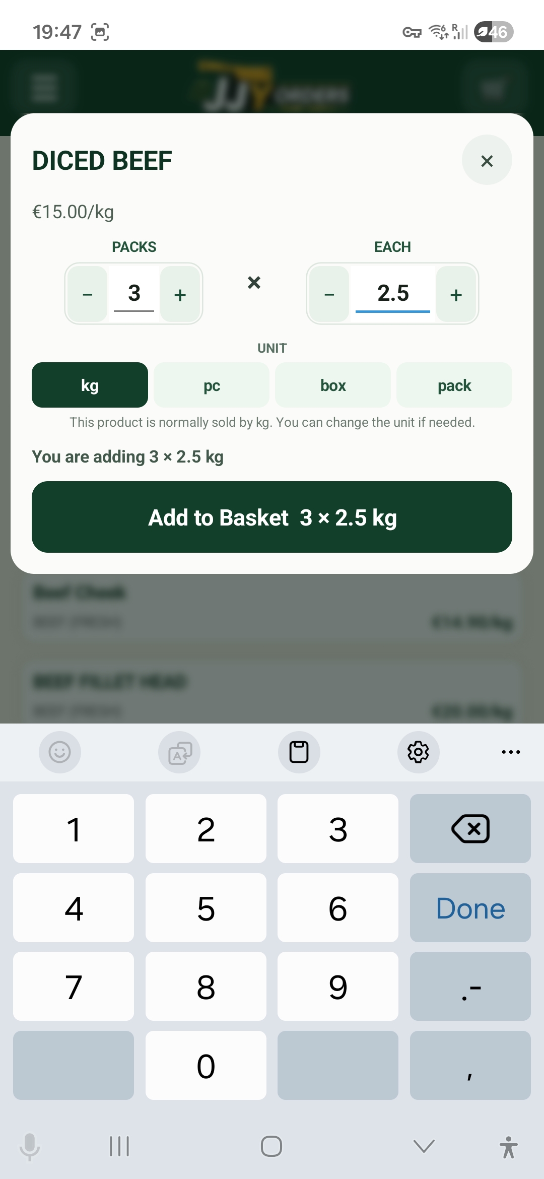 Adding 3 x 2.5 kg diced beef in JJY Orders