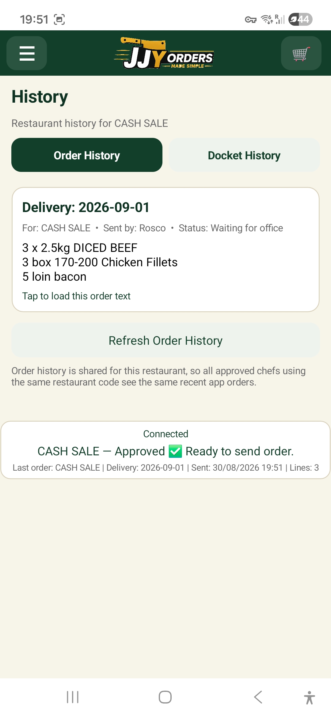 JJY Orders history screen